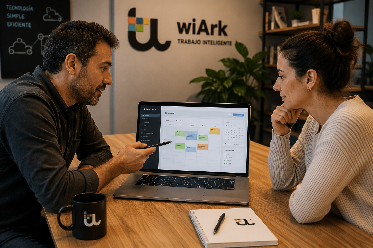 Reunión de trabajo mostrando Turno wiArk a un cliente